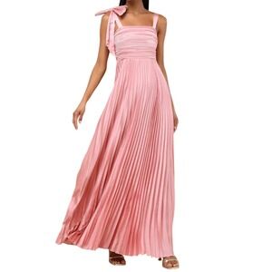 NWT Lulus Gorgeous Purpose Pink Satin Pleated Sleeveless Bow Maxi Dress XS